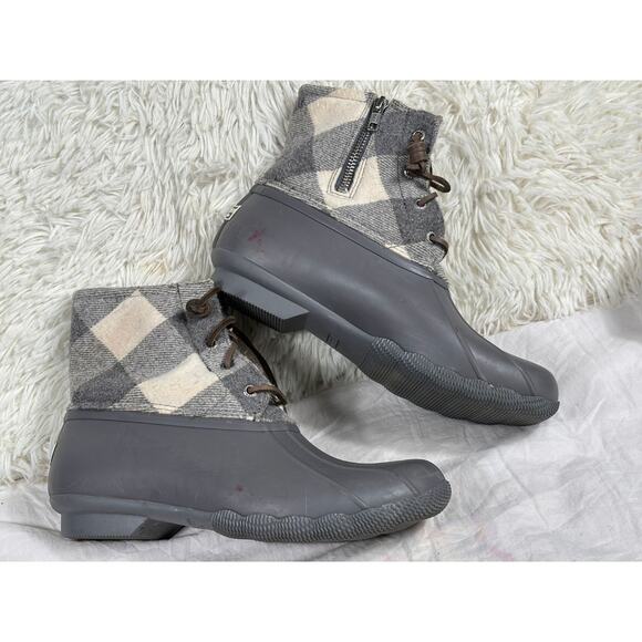 Sperry Saltwater 2-Eye Plaid Wool Duck Boots Womens Size 9 Gray STS86439 - Picture 1 of 8